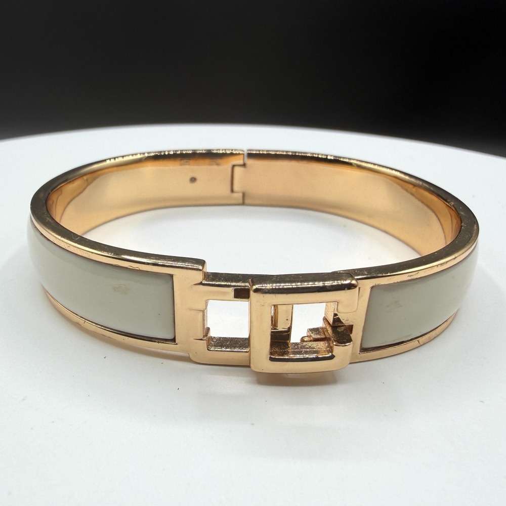 White Enamel Gold Tone Hinged Bangle Bracelet Buckle Clasp Minimalist Y2K Gift
